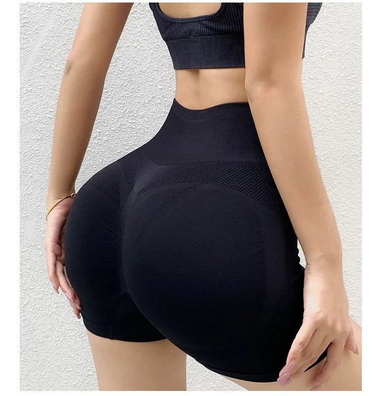 Fashion High Elastic Sports Yoga Pants Women's Slim Short Leggings with Solid Color Lift Hips