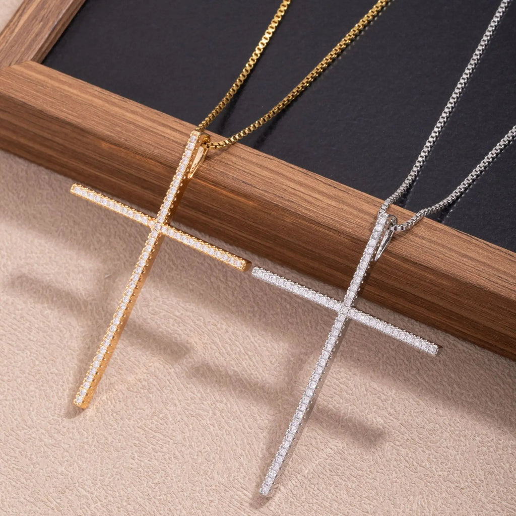 Unisex Zirconia Cross Pendant Necklace-Copper