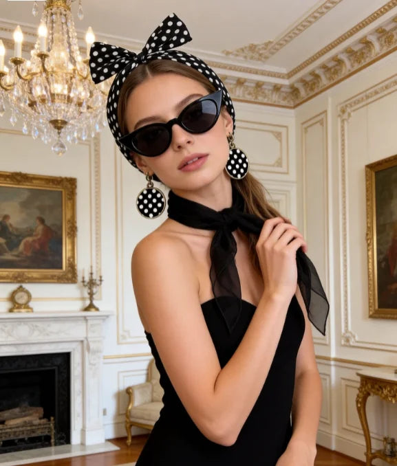 PESENAR Black White Polka Dot Retro Accessory Set With Headband, Scarf,