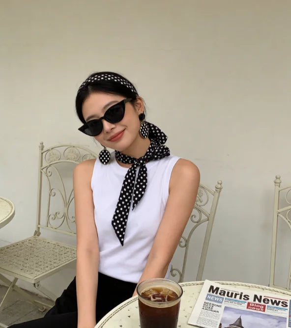 PESENAR Black White Polka Dot Retro Accessory Set With Headband, Scarf,