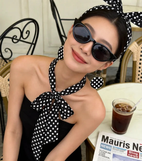 PESENAR Black White Polka Dot Retro Accessory Set With Headband, Scarf,