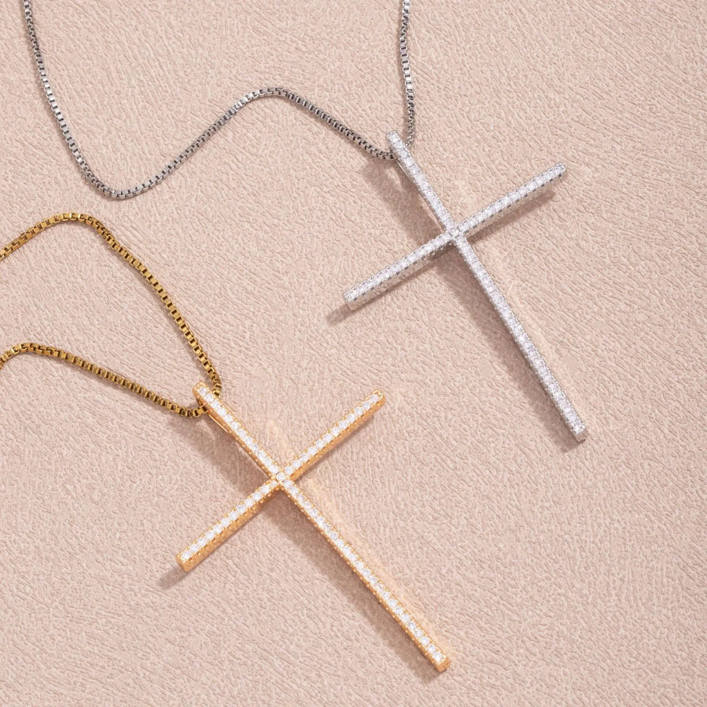 Unisex Zirconia Cross Pendant Necklace-Copper