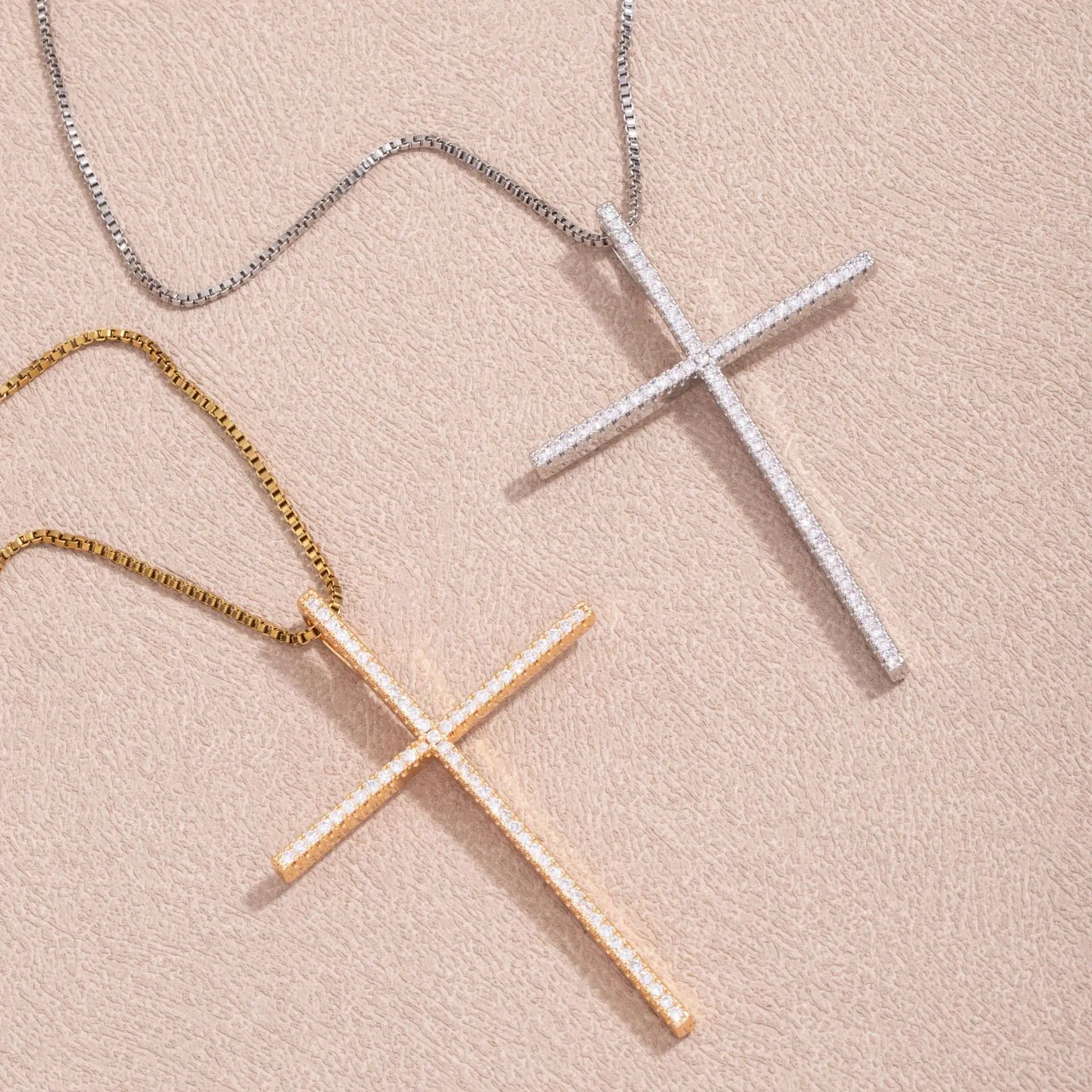 Unisex Zirconia Cross Pendant Necklace-Copper