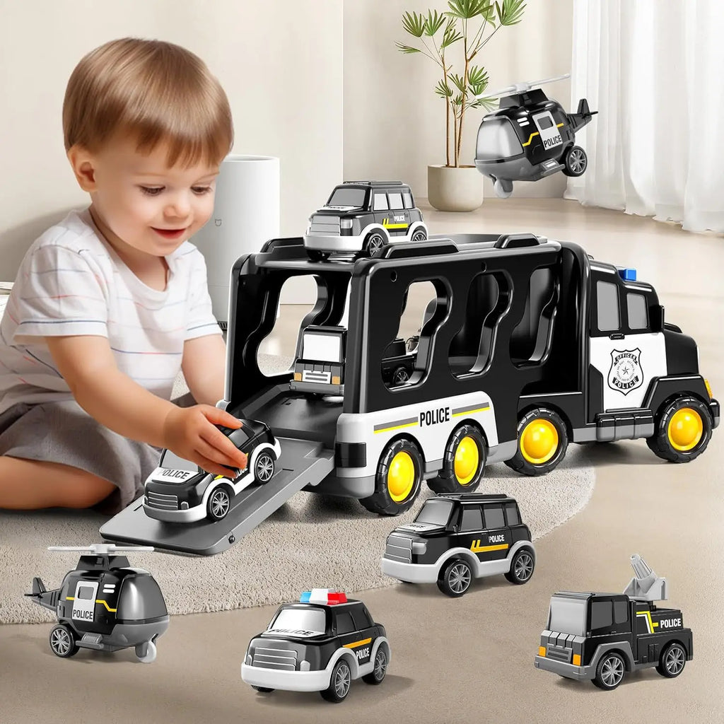5-in-1 Engineering Vehicle, Lighting and Music Transport Vehicle, Inertia Fire Truck, Container Car, Children's Toy