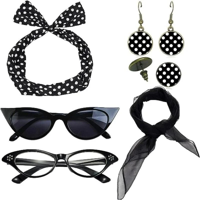 PESENAR Black White Polka Dot Retro Accessory Set With Headband, Scarf,