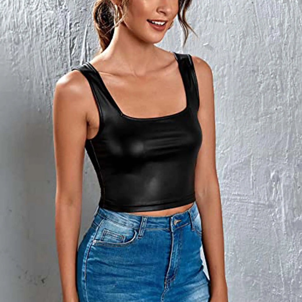 PU Leather Tank Tops Women Sexy Black