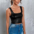 PU Leather Tank Tops Women Sexy Black