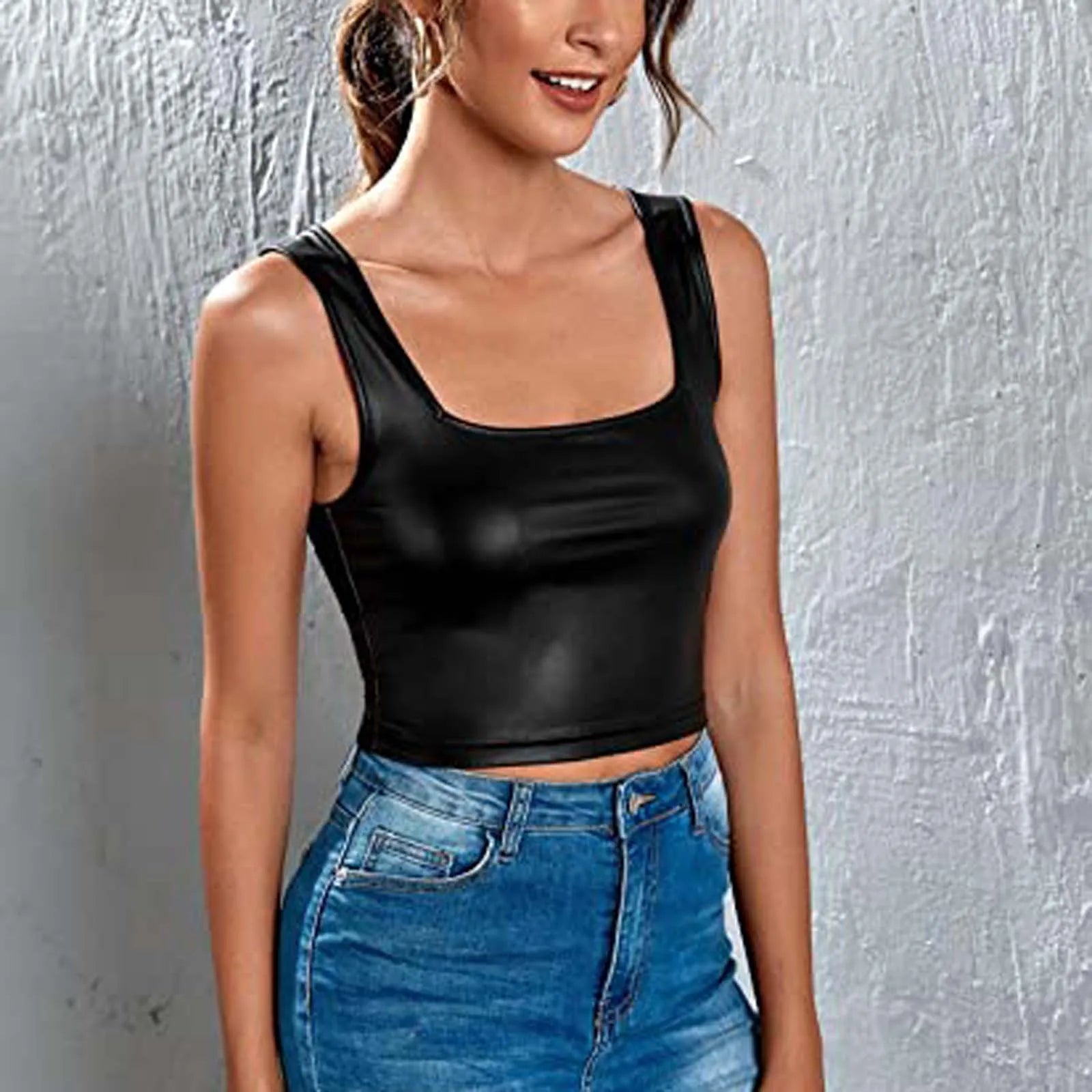 PU Leather Tank Tops Women Sexy Black