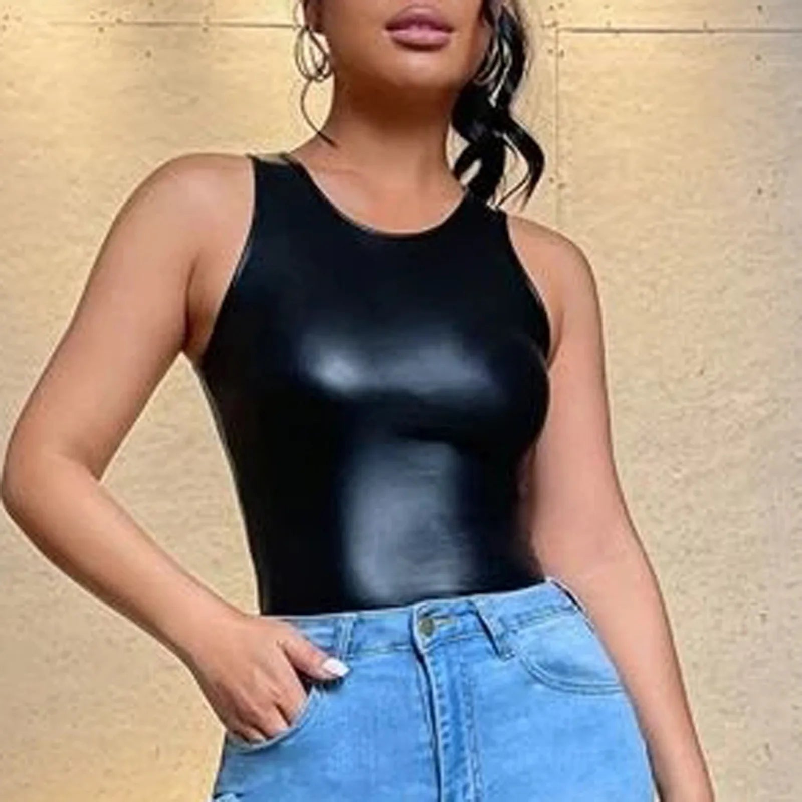 PU Leather Tank Tops Women Sexy Black