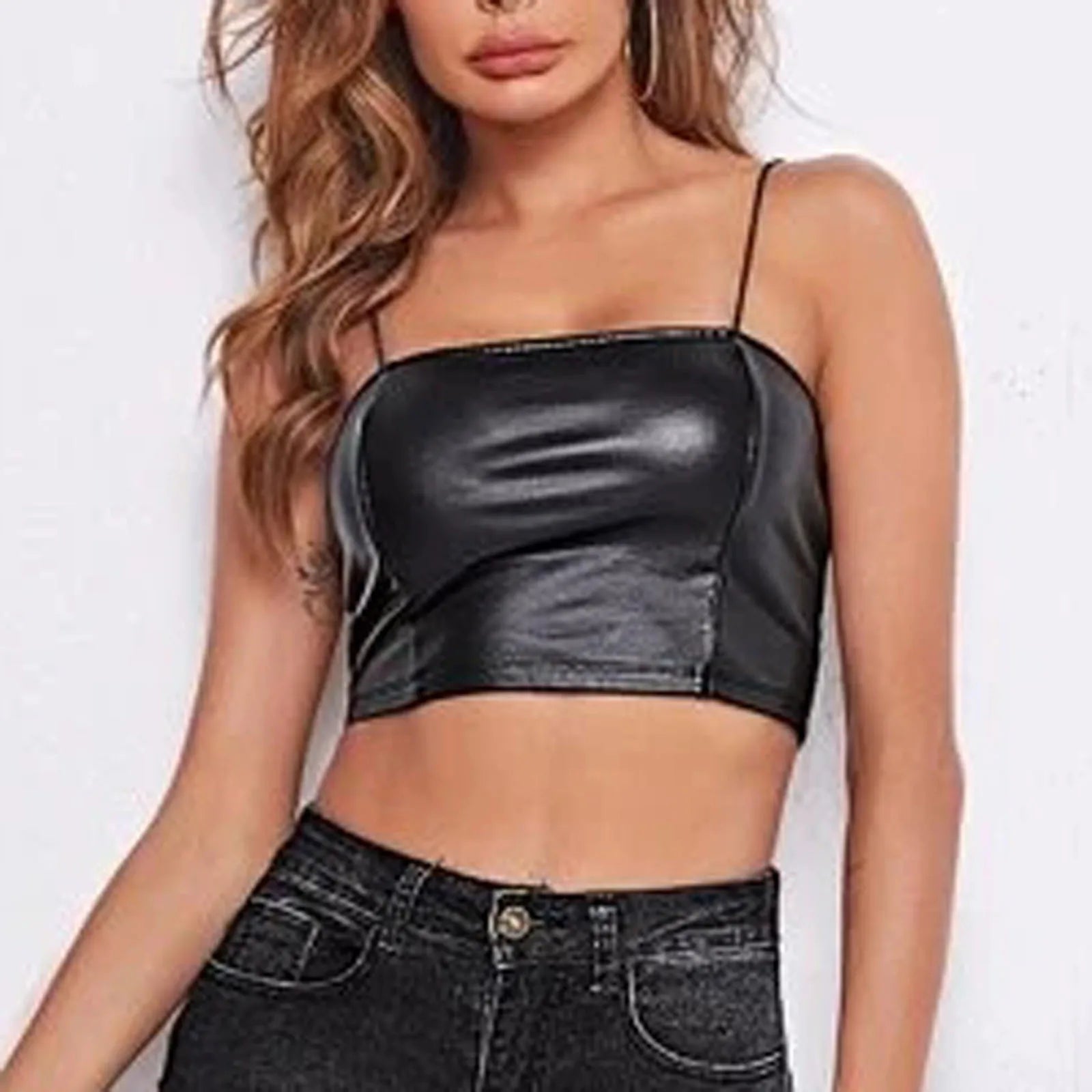 PU Leather Tank Tops Women Sexy Black