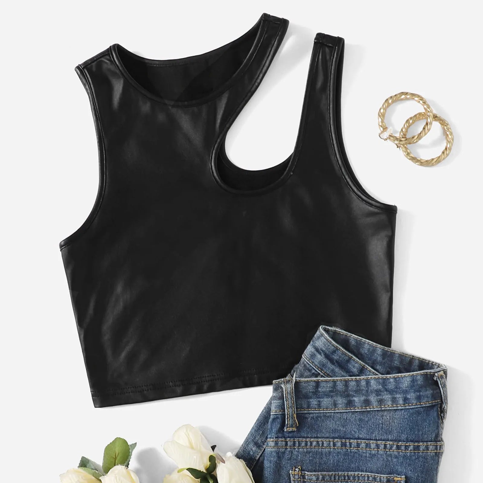 PU Leather Tank Tops Women Sexy Black