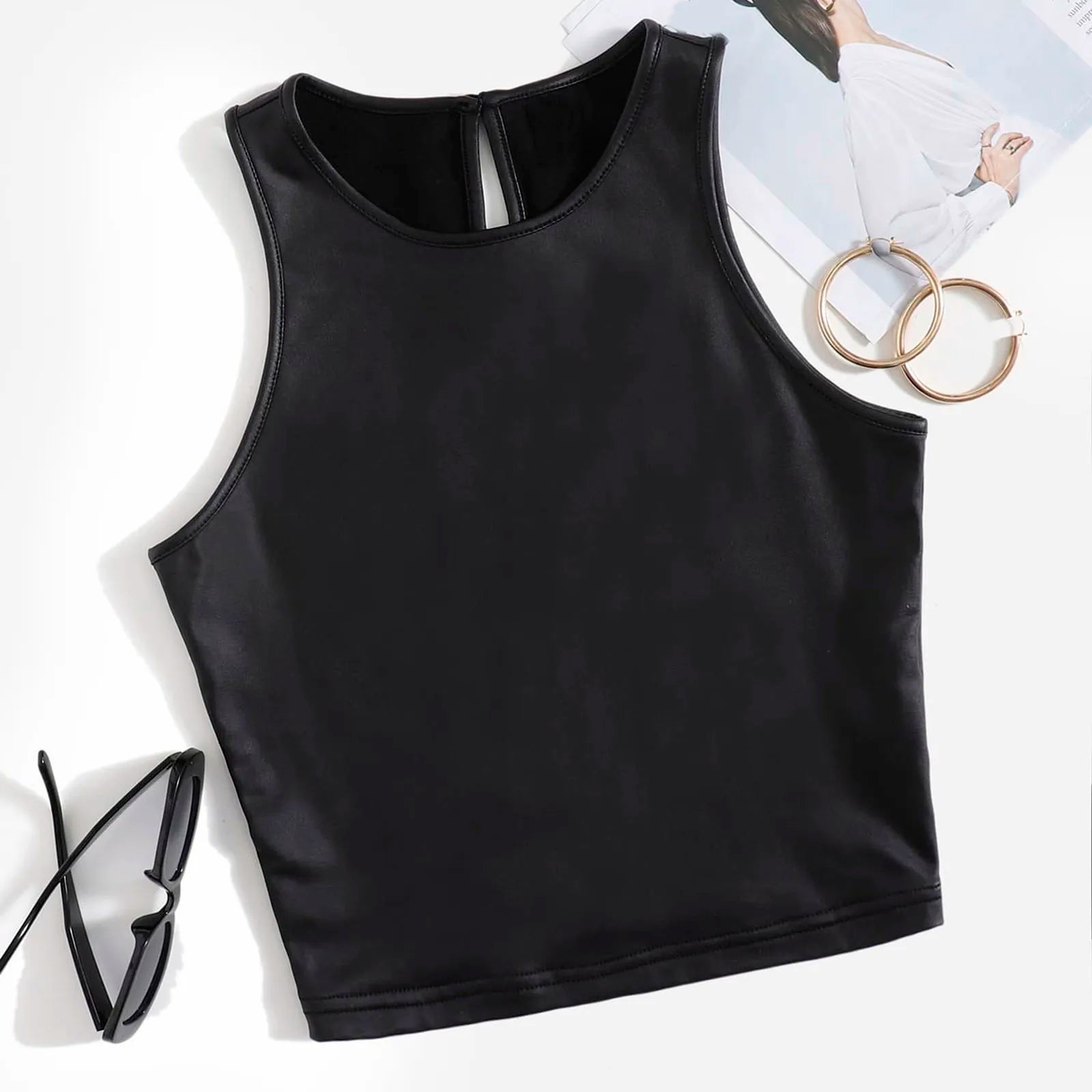 PU Leather Tank Tops Women Sexy Black
