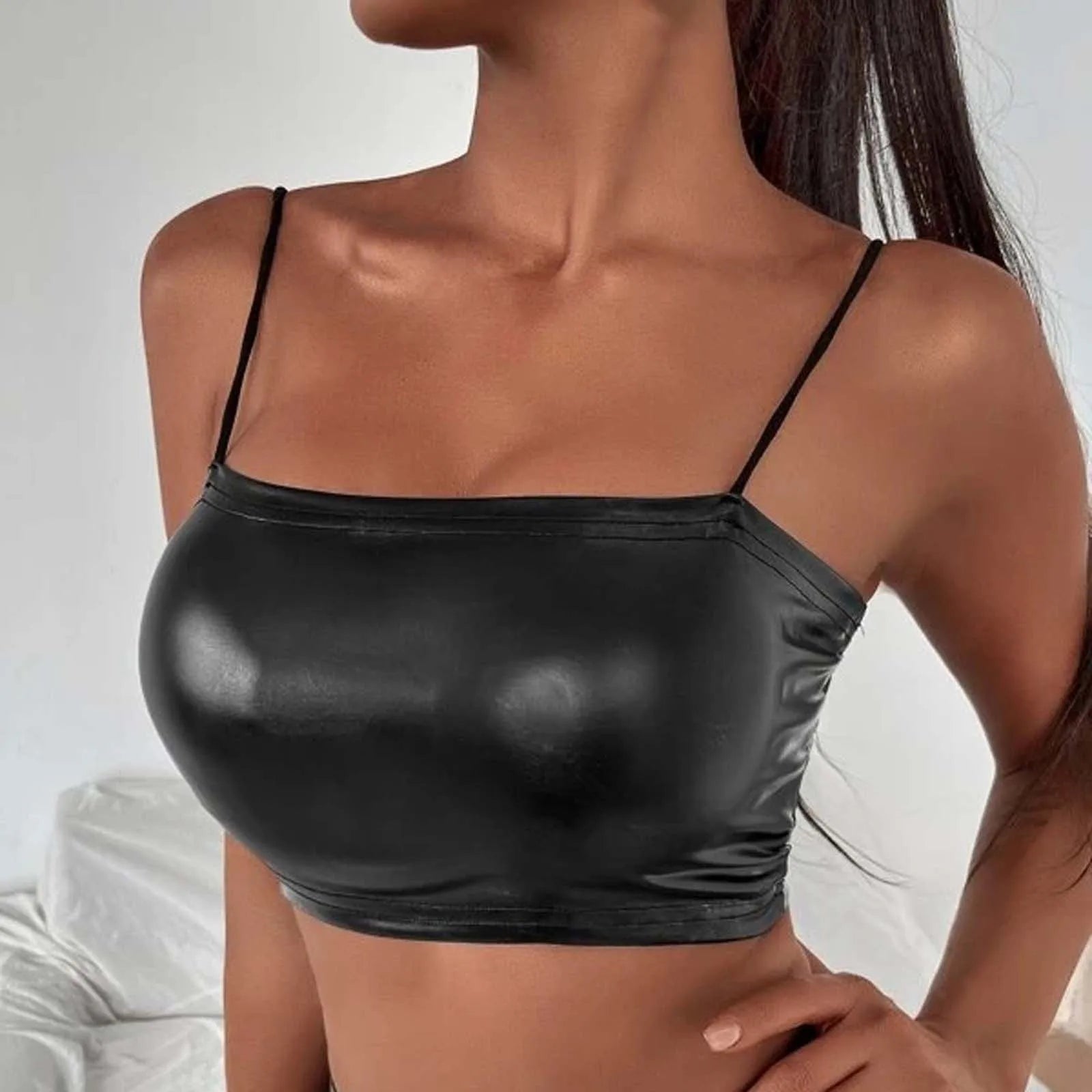 PU Leather Tank Tops Women Sexy Black