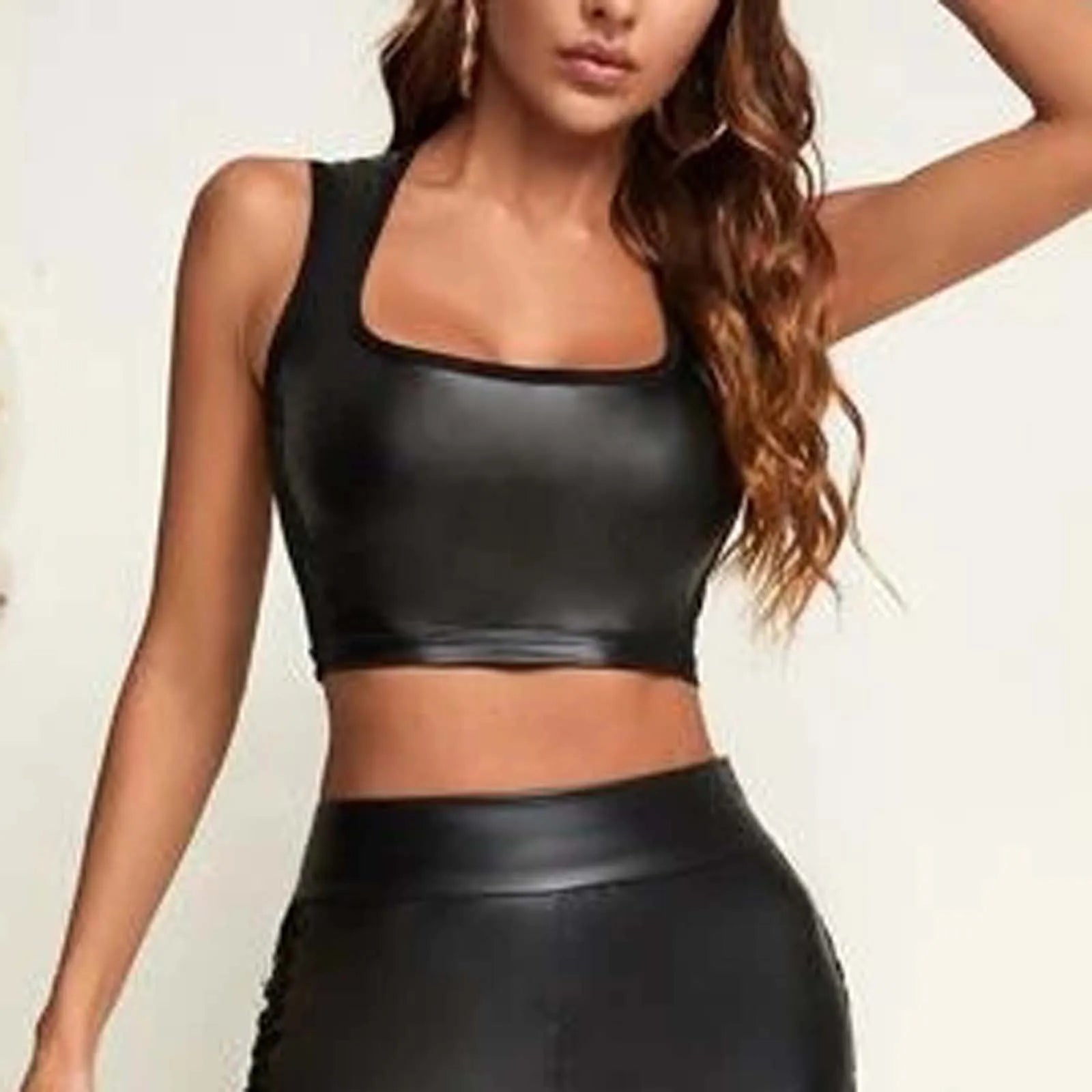 PU Leather Tank Tops Women Sexy Black
