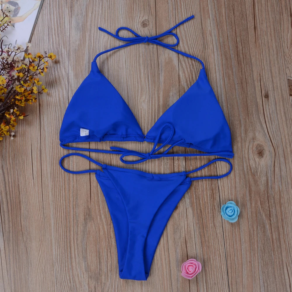 Women Tie Sexy Thong Bikini Set Side Swimsuit Bandage Style Brazilian