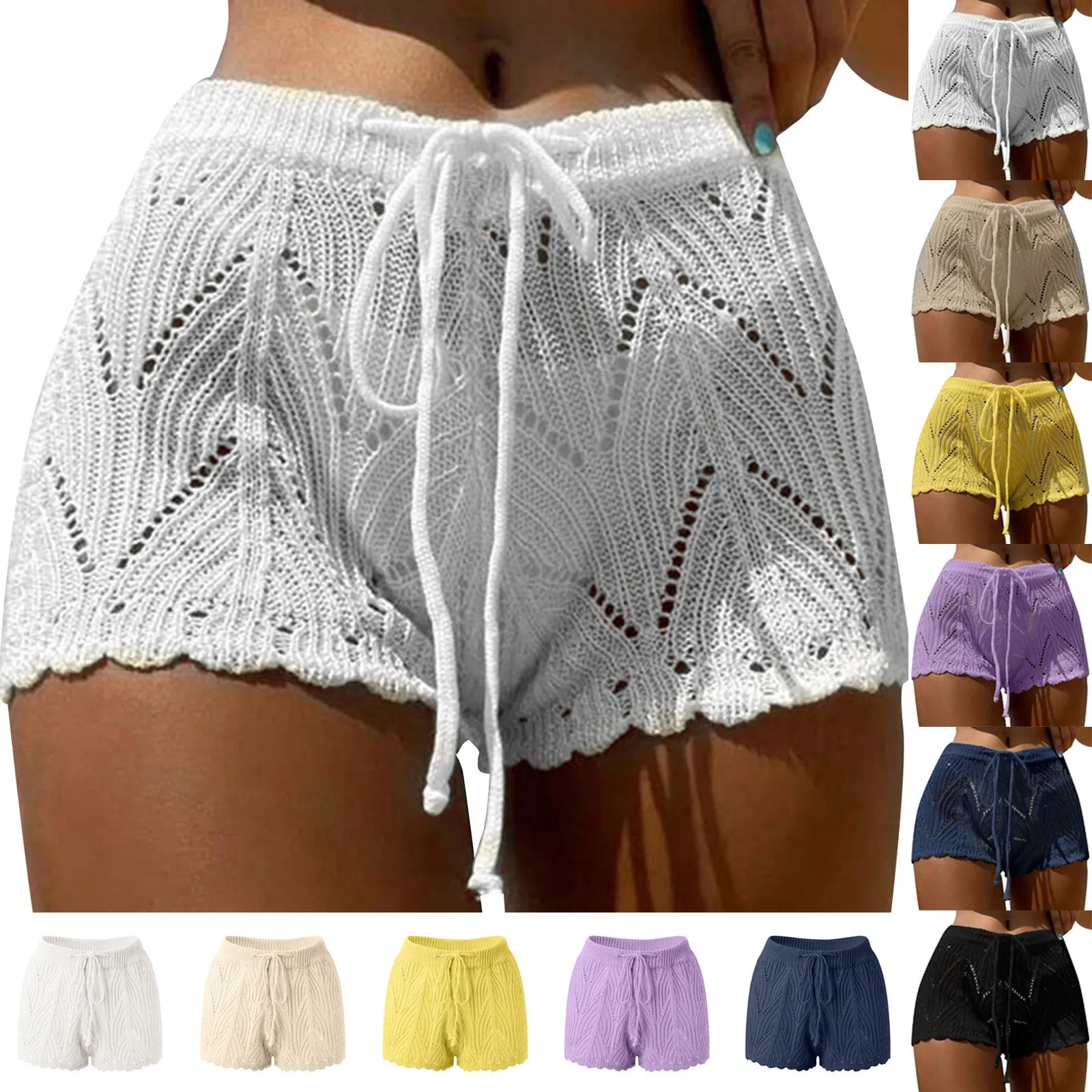 2026 New Hollow Out Crochet Knit Swim Shorts Drawstring Elastic Waist Women Summer Sexy